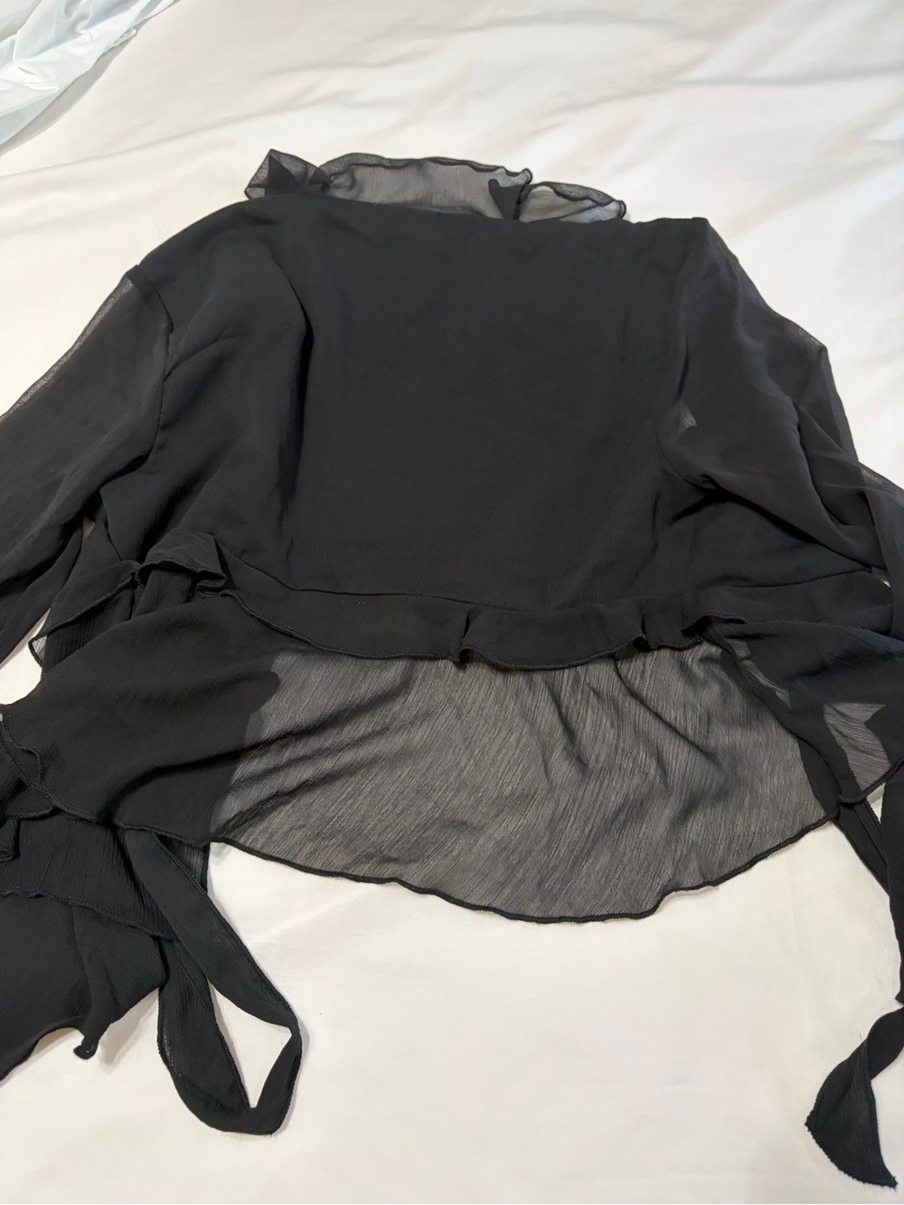 American Eagle Outfitters Black Ruffle V-Neck Sheer Sleeve Blouse - Picture 6 of 7